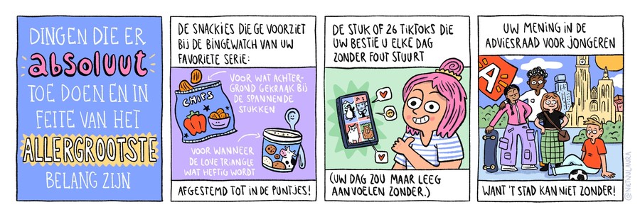 Cartoon van Niet Nu Laura ter promotie van de adviesraad Antwerpse jongeren Cartoon van Niet Nu Laura ter promotie van de adviesraad Antwerpse jongeren
